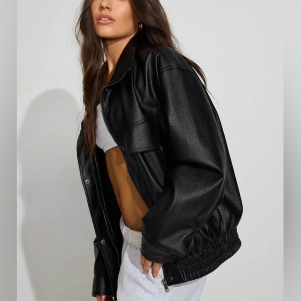 Garage Black Leather Bomber Jacket for Women